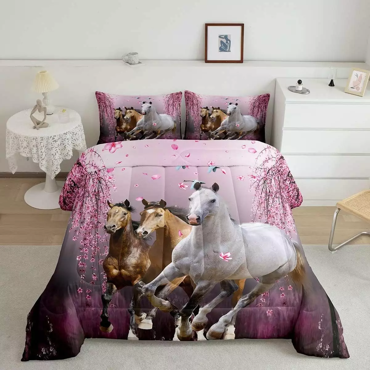 YST Boys Horse Twin Size Comforter Set Cherry Blossom Branches Steed Kids Bedding Set for Girls Teens Galloping Horse Comforter 3D Wild Animal Decor Quilt Set Bedroom Collection 2Pcs