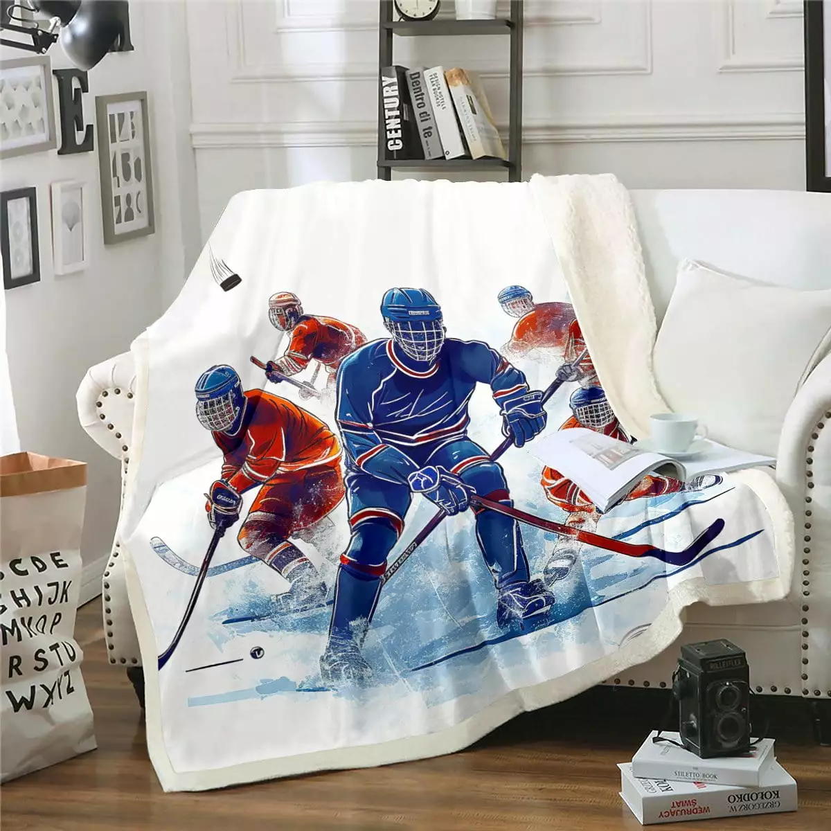 YST Boys Ice Hockey Throw Blanket for Kids Children.Hockey Player Printed Blanket.Winter Sports Games Sherpa Blanket Throw 50x60 inch.Blue Red Helmet Skates Plush Blanket for Sofa Bed Office