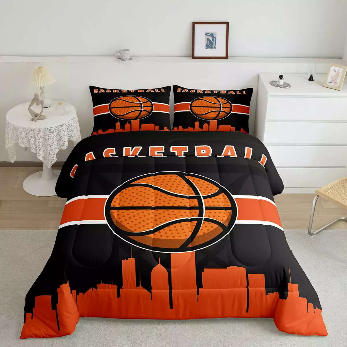 YST Boys Sport Comforter Sets Twin Basketball Bedding Set for Kids Teens Adults. Black Orange Bedding Comforter Sets Gamer Game Duvet 2pcs