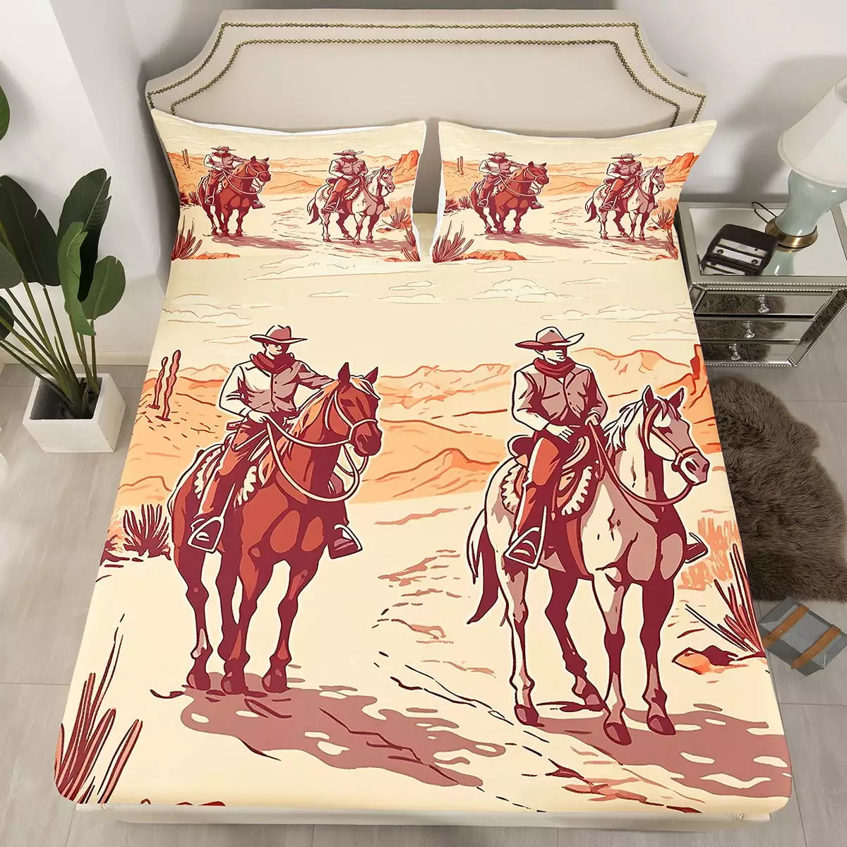 YST Boys Western Bedding Set Twin Cowboy Horse Print Bed Sheets Wild West Desert Sheets for Teens Cowgirl Hand Drawn Illustration Country Themed Fitted Sheet + 1 Pillowcase