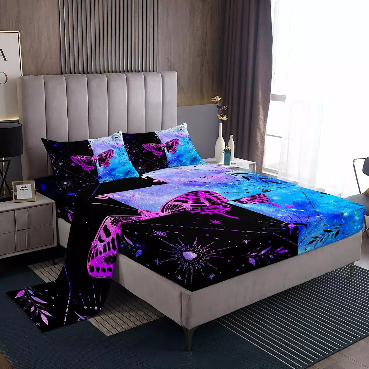 YST Butterfly Sheet Set Black Purple Blue Butterfly Sheets for Girls Women. Boho Sunand Moon Butterfly Print Bed Sheets Set Galaxy Botanical Leaves Bedding Set Twin Size