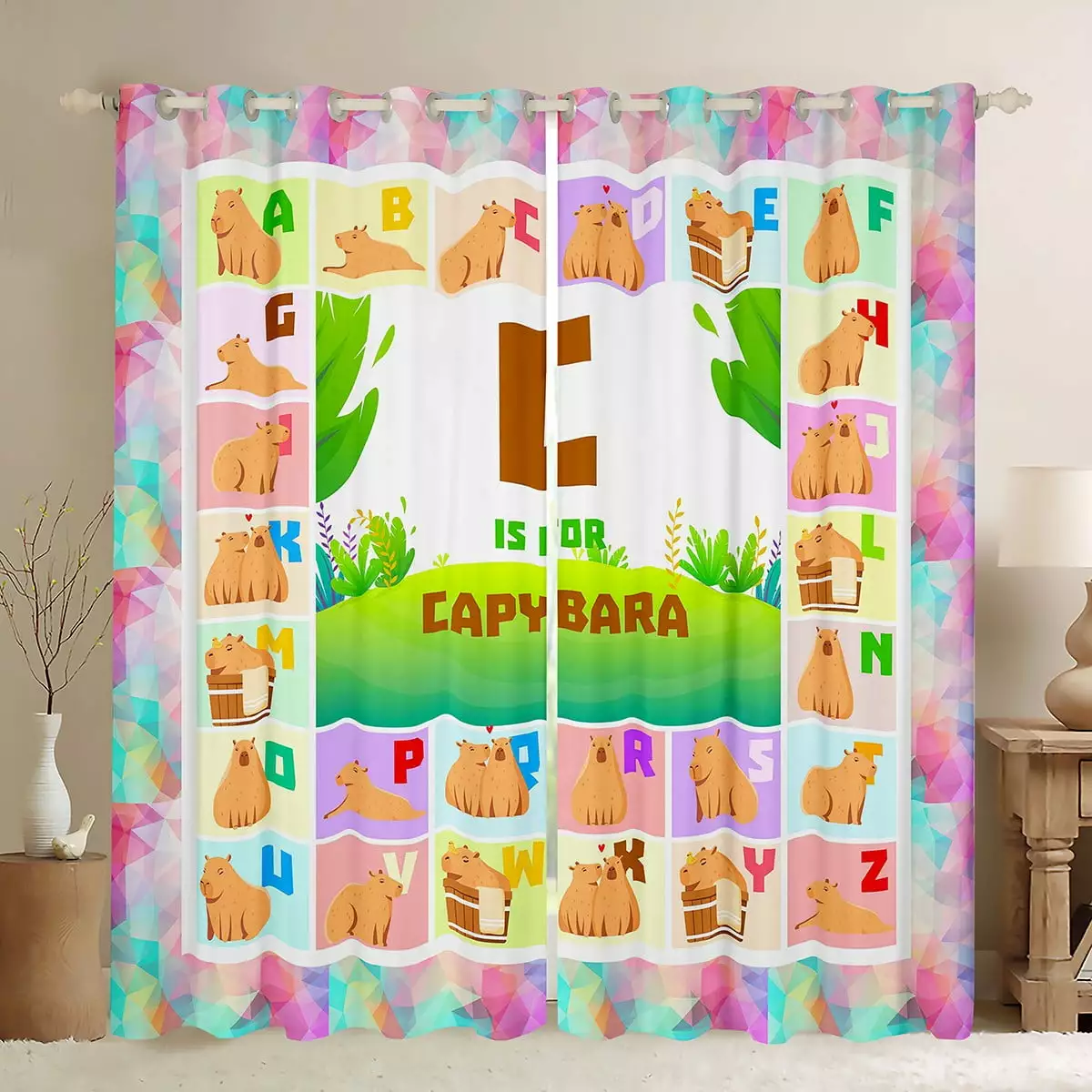 YST Cartoon Capybara Blackout Curtains for Boys Girls Rainbow Alphabet Curtains & Drapes. English Letters Curtains Animal Grid Checkered Black Out Curtains. Wildlife Patchwork Window Drapes