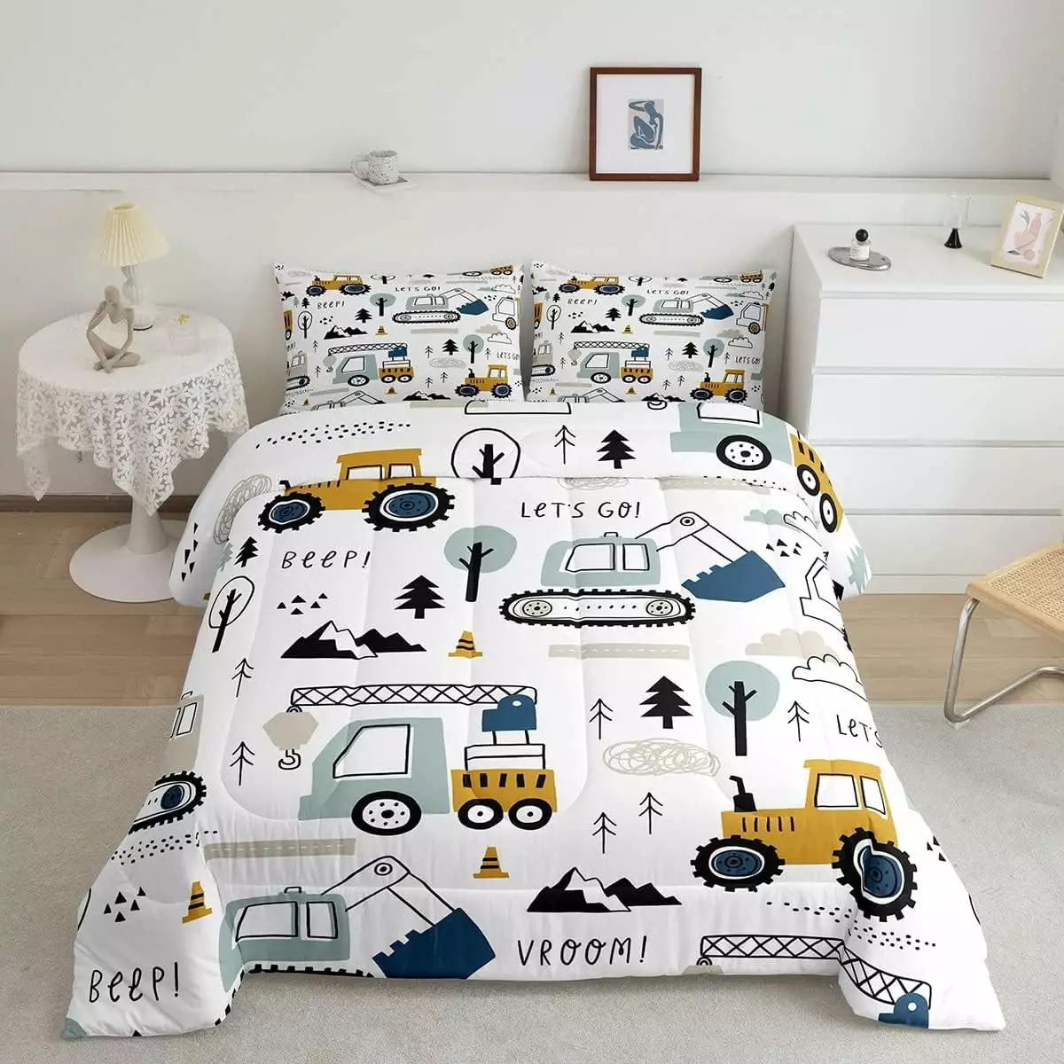 YST Cartoon Car Kids Comforter Set Construction Bedding Set Decor Equipment Trucks Comforter Cartoon Car Excavator Tractor White Yellow Duvet Set Bedroom Quilt Set 2Pcs Twin