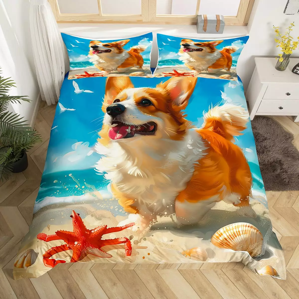 YST Cartoon Corgi Pug Duvet Cover Twin Ocean Theme Comforter Cover.Sea Starfish Bed Set Kawaii Animal Bedspread Cover Kids Boys Girls Watercolor Style Home Decorative.Breathable 2pcs