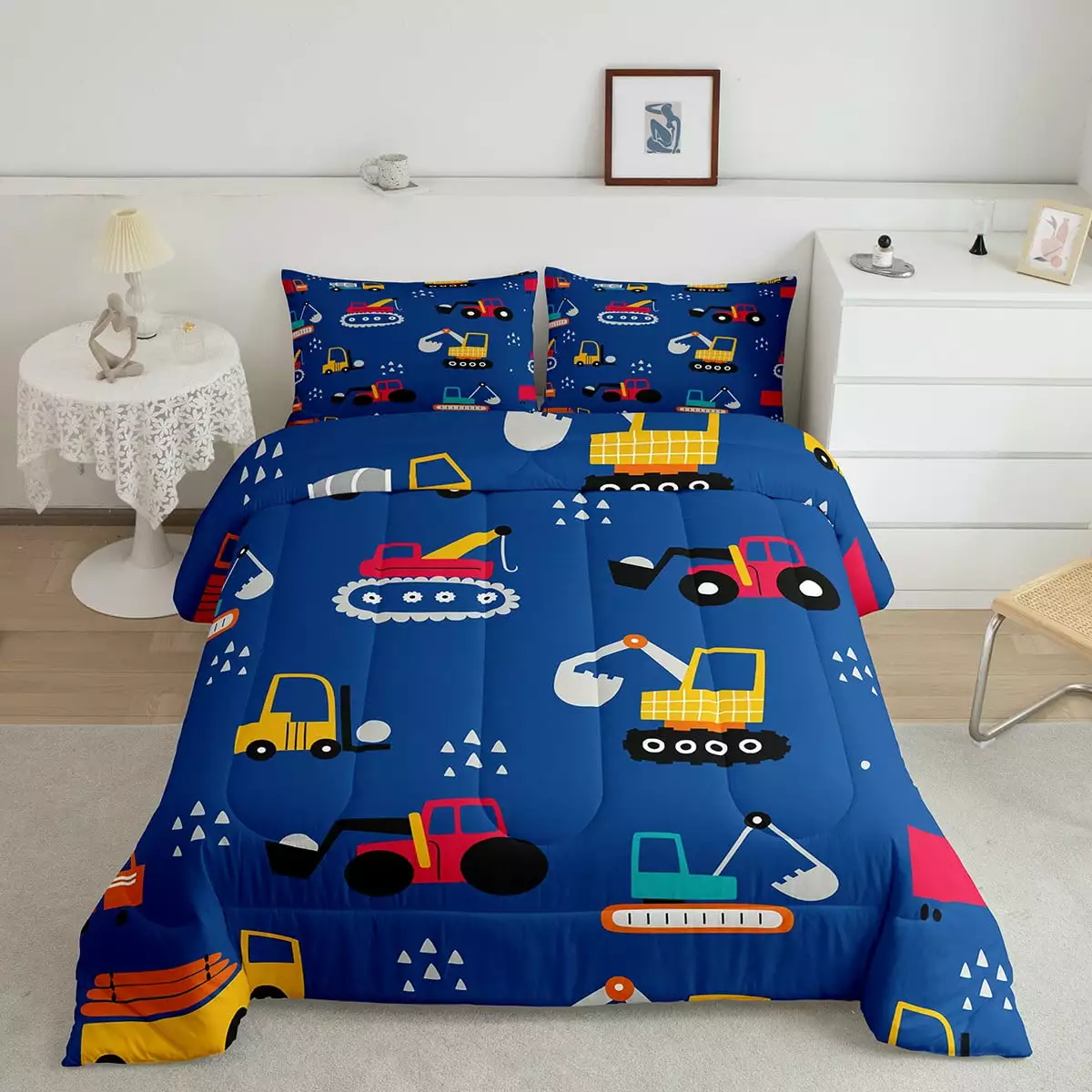 YST Cartoon Tractor Comforter Set Twin for Boys Truck Bedding Set for Kids Toddler. Construction Vehicle Bedding Comforter Sets Excavator Bulldozer Duvet Equipped Truck Quilted Comforter. Navy