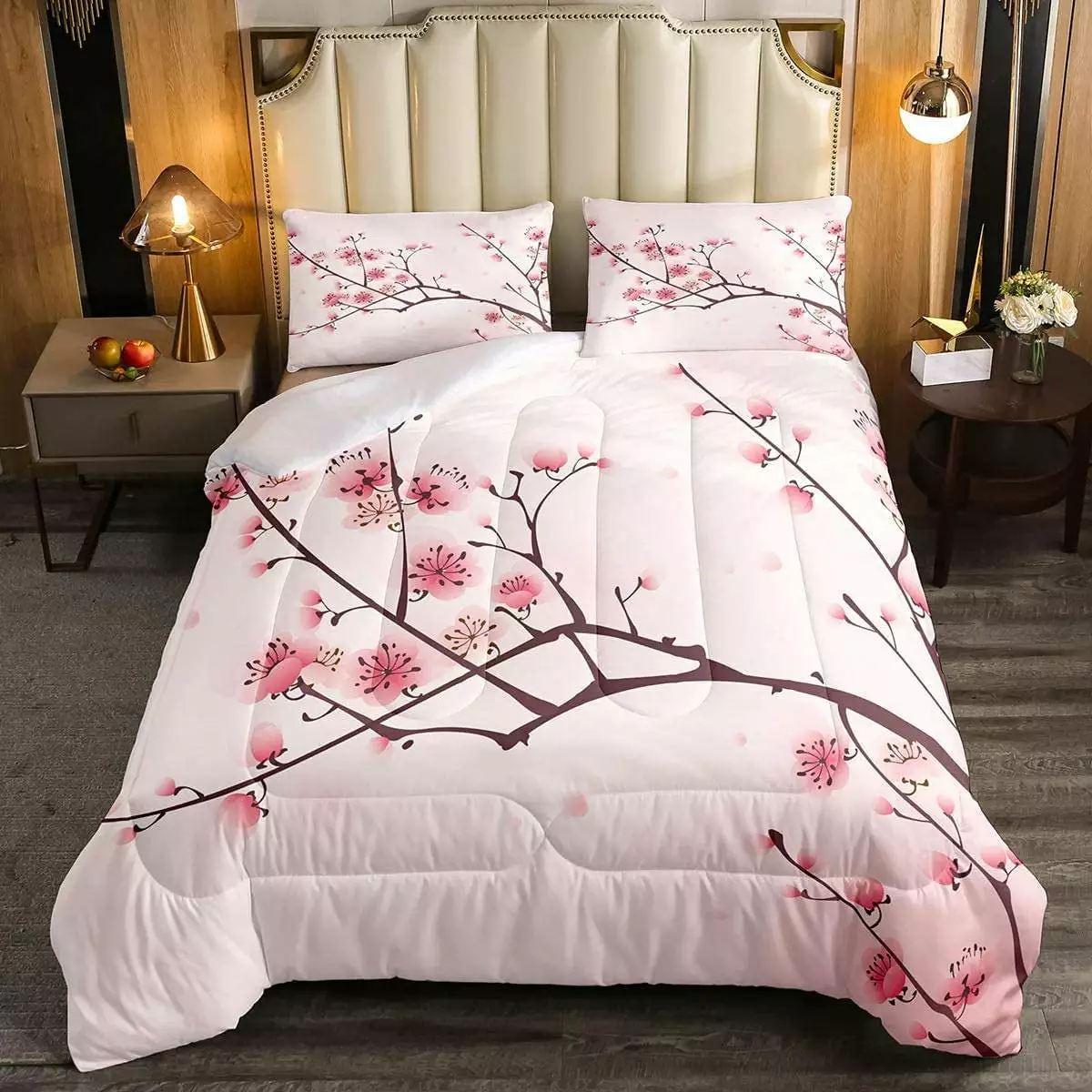 YST Cherry Blossoms Comforter Set Twin. Girl Pink Floral Down Comforter. Japanese Spring Bedding Set. Pale Pink Blossom Petal Quilted Duvet. Branch Floral Duvet Set for Women.Girly Romantic