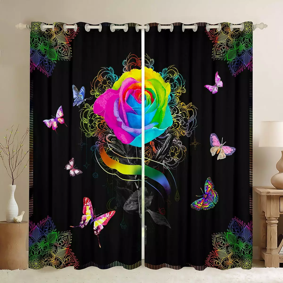 YST Colorful Rose Flower Curtains & Drapes Girly Butterfly Curtains. Abstract Floral Blackout Curtains Bohemian Mandala Living Room Curtains. Black Window Curtains Valentine's Day Gifts