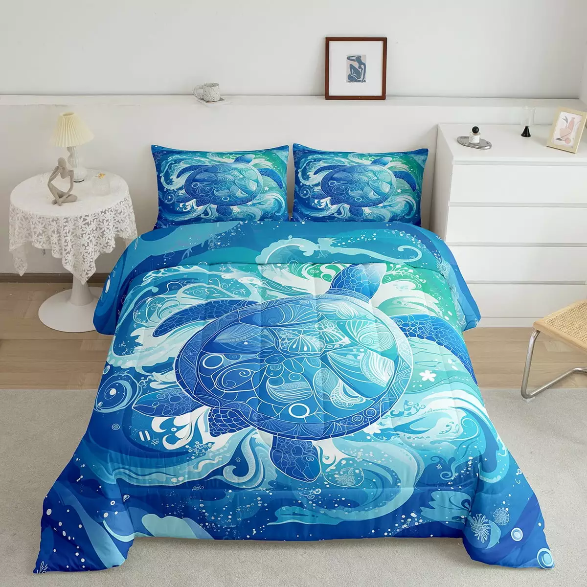 YST Comforter Set Twin Size with 1 Pillowcase. Ocean Blue Turtle Bedding Set for Kids and Adults. Sea Waves Beach Animal Mediterranean Style Comforter for Bedroom Bed Decor. Aqua Blue