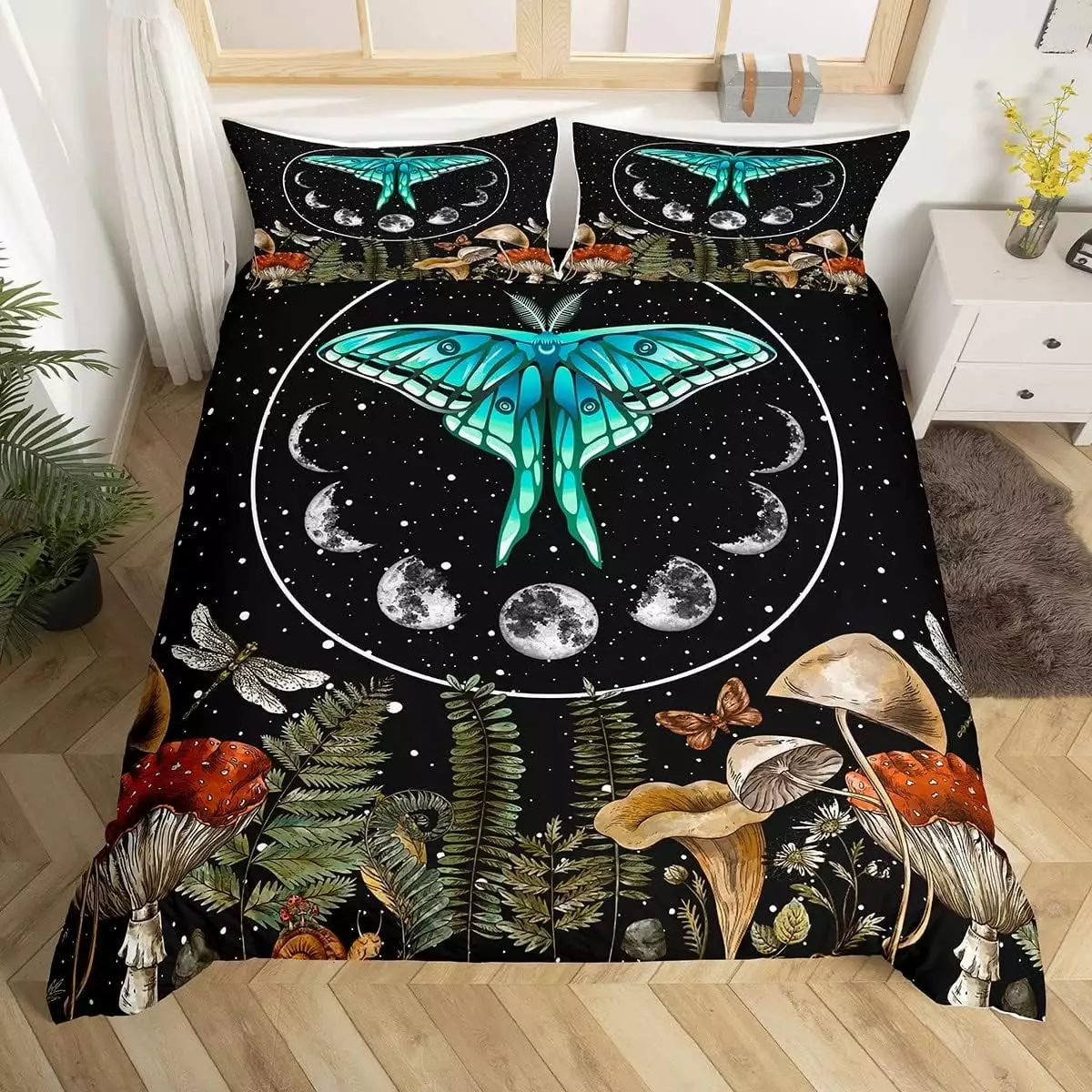 YST Death Moth Comforter Cover Hippy Mushroom Bedding Set. Boho Moon Phase Duvet Cover Twin Bohemian Bedding. Luxury Vintage Quilt Cover Chic Butterfly Dragonfly Bedspread Cover Soft Cozy.2Pcs