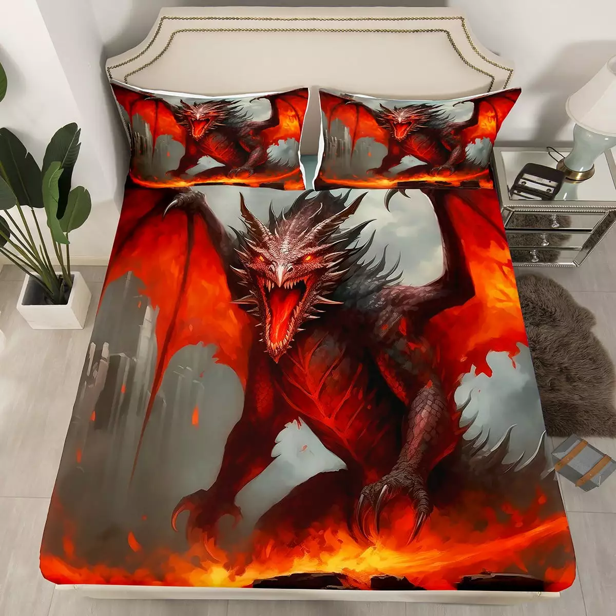 YST Dragon Twin Fitted Sheet for Boys Girls Kids.Fire Print Trippy Bedding Set Gothic Home Decor.Mysterious 3D Dragon Bed Sheets Wild Safari Animal Bed Set