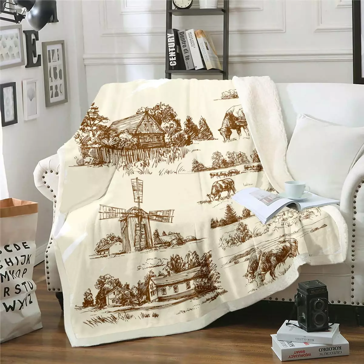 YST Farm Cows Throw Blanket For Bed Couch Throw 50X60 Western Rustic Farmhouse Fleece Blanket Retro Country Animal Sherpa Blanket For Kids Rural Cabin Lodge Windmill Fuzzy Blanket Yellow