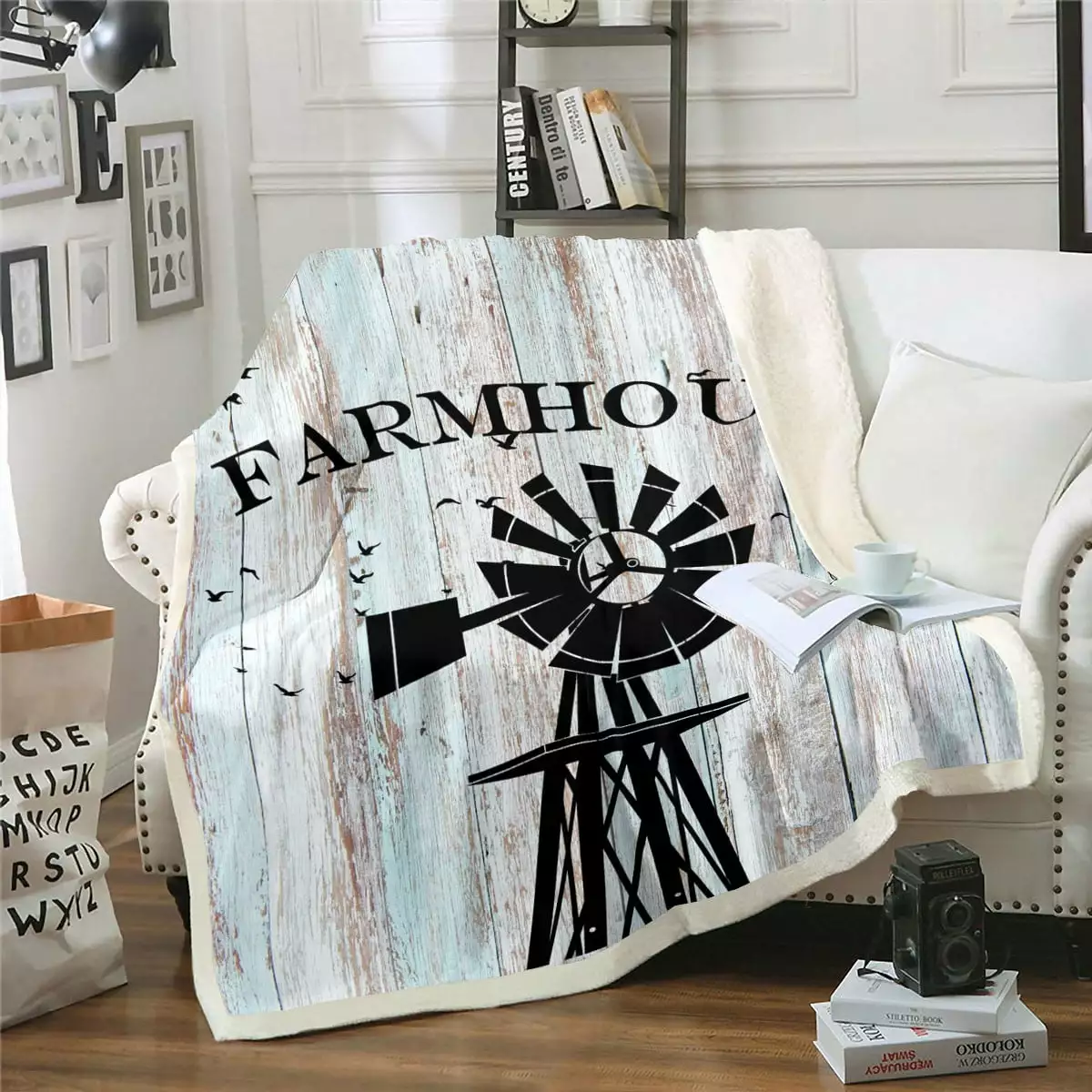 YST Farmhouse Fleece Blanket Kids Rustic Windmill Throw Blanket Rural Countryside Bird Fuzzy Blanket Vintage Wooden Plank Decor Plush Bed Blanket for Children Boys Youth. Throw Size