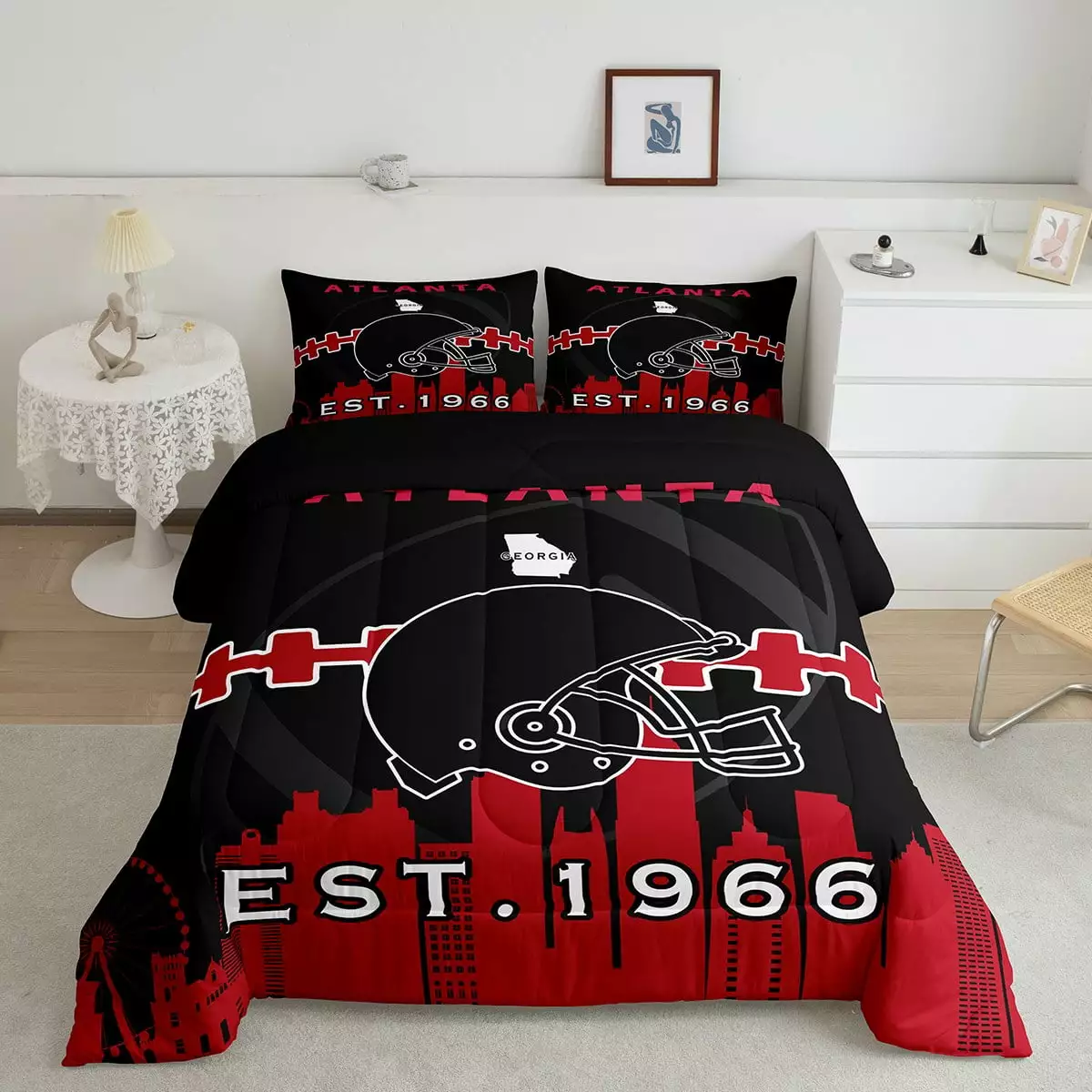 YST Football Comforter Twin Size for Football Fan.American Football Bedding Set for Kids Boys Girls.Football Players Comforter Sets.Rugby Duvet Insert with 1 Pillowcase(Atlanta).Black Red