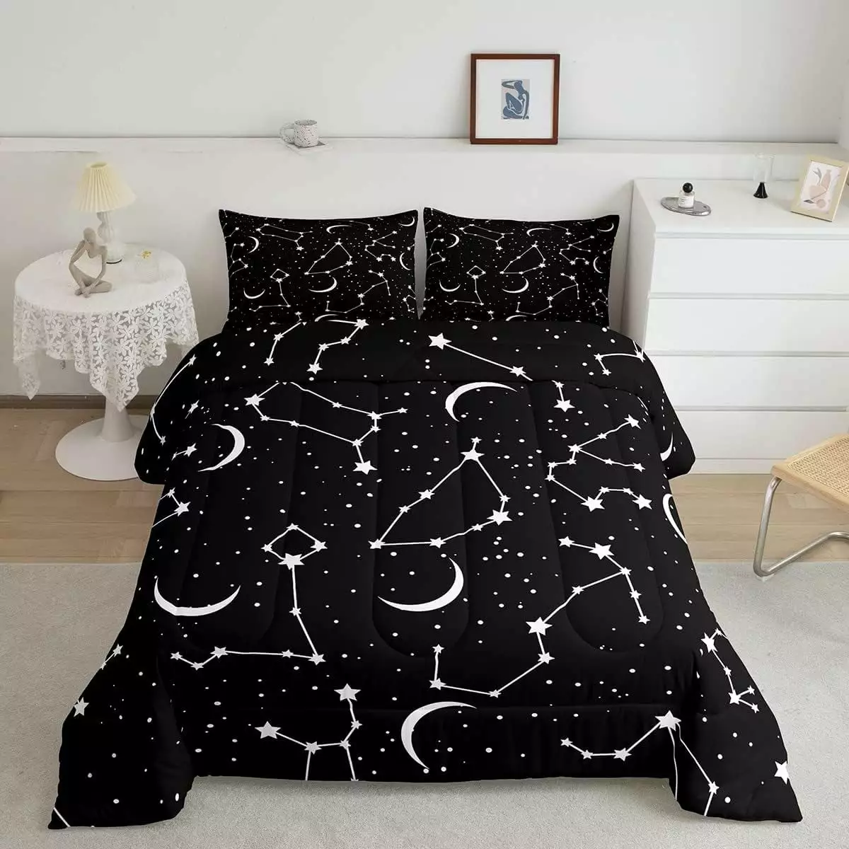 YST Galaxy Comforter Set Constellation Bedding Set Starry Sky Moon Star Quilt Set Twin Size Outer Space Geometric Polka Dots Duvet Set All Season Bedroom Decor for Children Teens