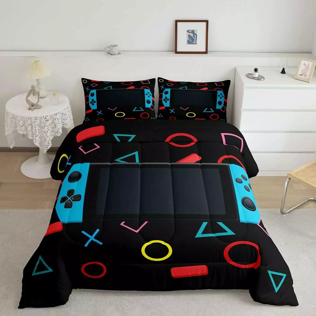 YST Gamer Comforter Set for Boys Bedroom Kids Toddler Gaming Bedding Set Video Game Comforter Twin Size Home Decor Curtain Geometric Triangle Circle Quilted Duvet Set with 1 Pillow Sham Colorful