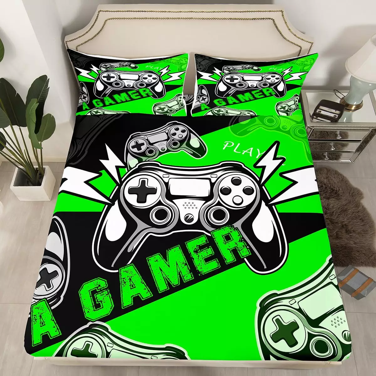 YST Gamer Fitted Sheet for Boys Girls Kids Teens.Video Game Bedding Set Twin Size.Gaming Bed Sheets Gamer Room Decor.Black Green Gamepad Controller Bed Set with 1 Pillowcase