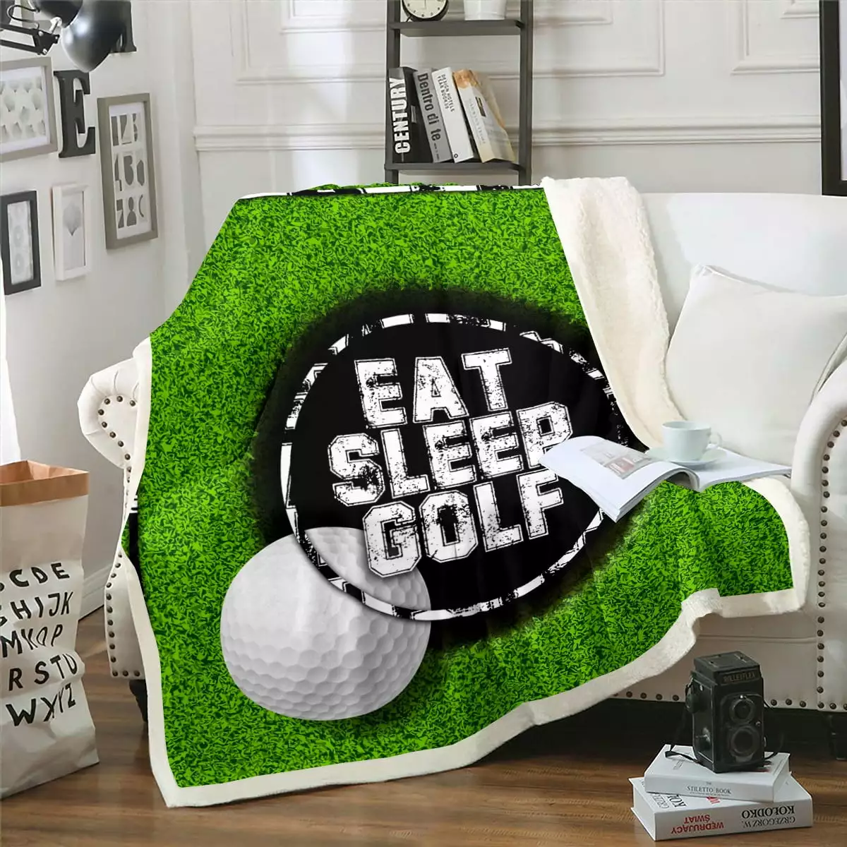 YST Golf Sherpa Blanket Eat Sleep Golf Print Blanket. Green Grass Throw Blanket for Chair Ball Games Fleece Blanket. Black White Circle Plush Blanket. Breathable