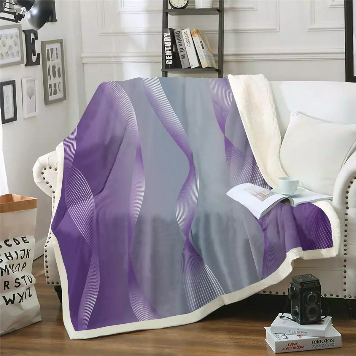 YST Gradient Grey and Purple Blanket Ombre Throw Blanket for Sofa Decor.Spiral Silver Print Wave Striped Pattern 50x60 Fleece Blanket.Abstract Art Room Decor Aesthetic