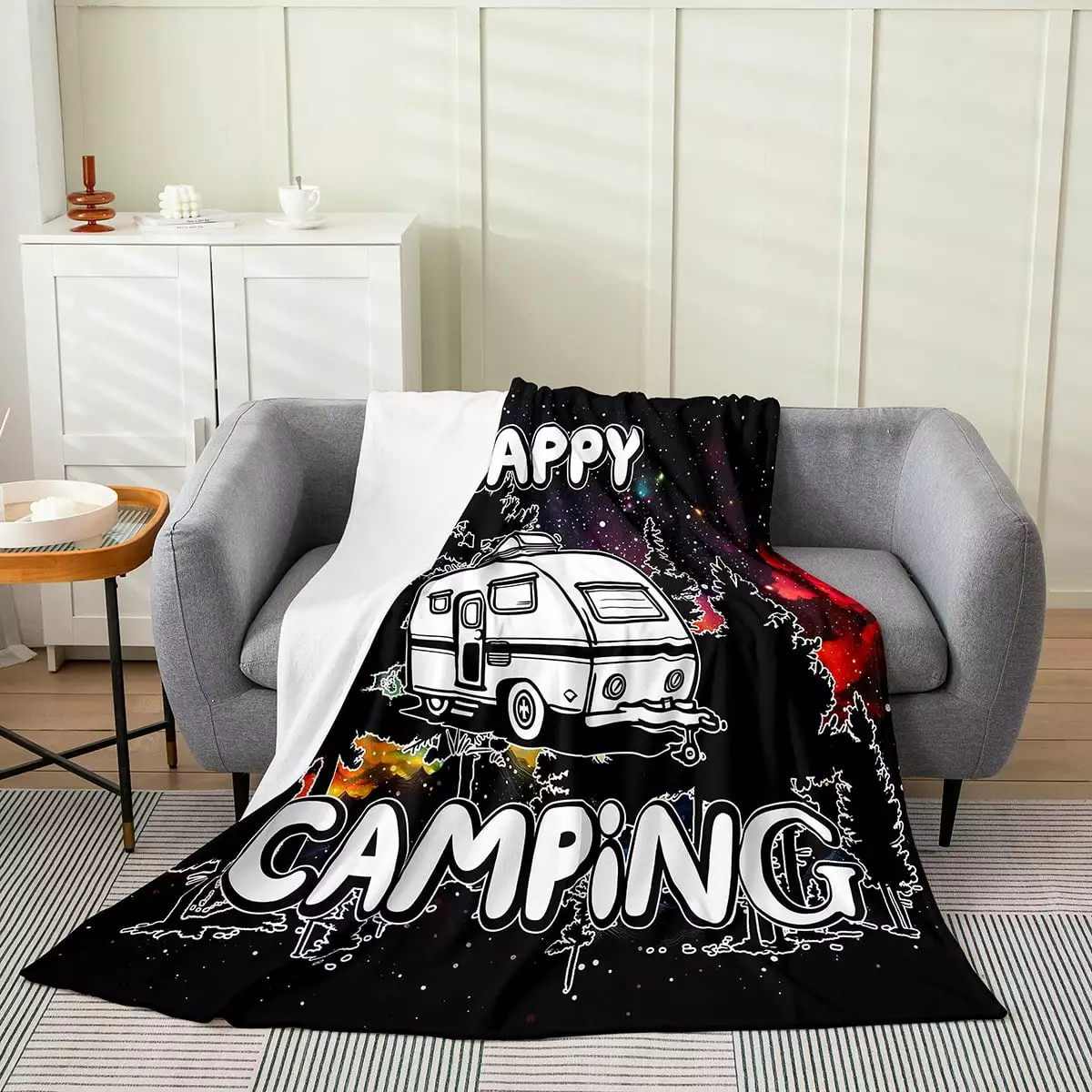 YST Happy Camping Blanket.Galaxy Starts Throw Blanket for Kids Girls.Camper Fleece Blanket.Rustic Wooden Plank Fuzzy Blanket Throw 50x60 Inch for Home Room Decor