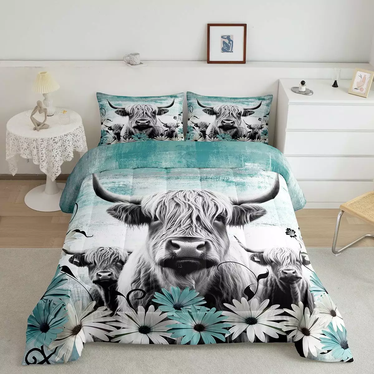 YST Highland Cow Print Comforter Set Twin.Teal Western Farmhouse Bedding Sets Rustic Home Decor.Longhorn Cattle Farm Animal Bed Set Grunge Daisy Flower Quilt Cowboys Gifts for Boys Girls Kids