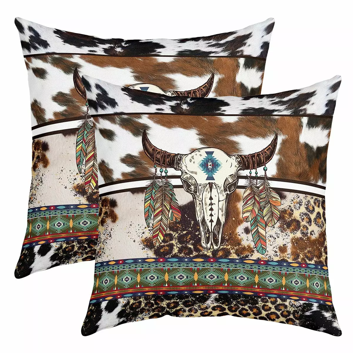 YST Highland Cow Skull Western Pillow Covers 18x18 inch set of 2.Cheetah Print Cushion Cases Boho Feather Tribal Geometry Aztec Throw Pillow Covers.Wild Animal Skin Cowhide Cushion Covers Soft