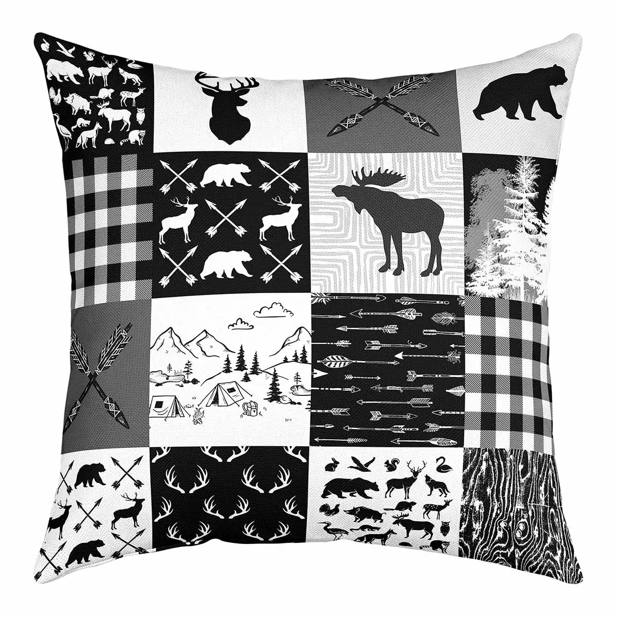 YST Hunting Deer Moose Throw Pillow Cover 18x18 Inch.Black Grey Buffalo Grid Decorative Pillow Cover.Rustic Farmhouse Cabin Pillow Cover.Camper Adventure Bear Arrows Cushion Case