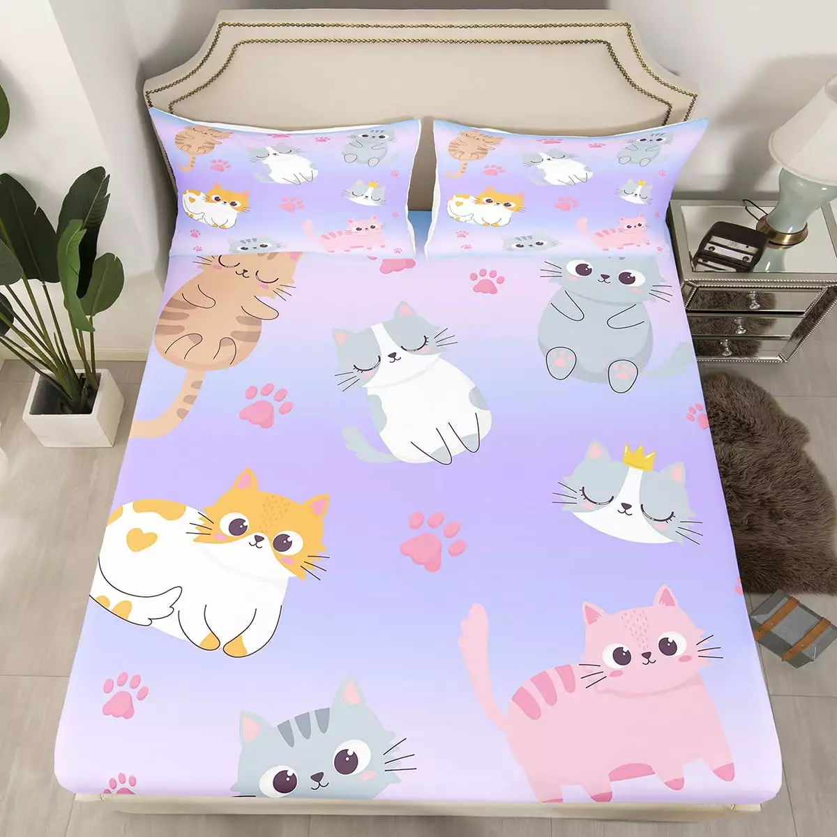 YST Kawaii Cat Bed Sheets Pink Blue Purple Pastel Sheets Rainbow Ombre Cats Bedding Set For Kids Girls Teen Women.Cute Cat Fitted Sheet 1 Pillow Case Cat Lover Room Decor.Twin Size