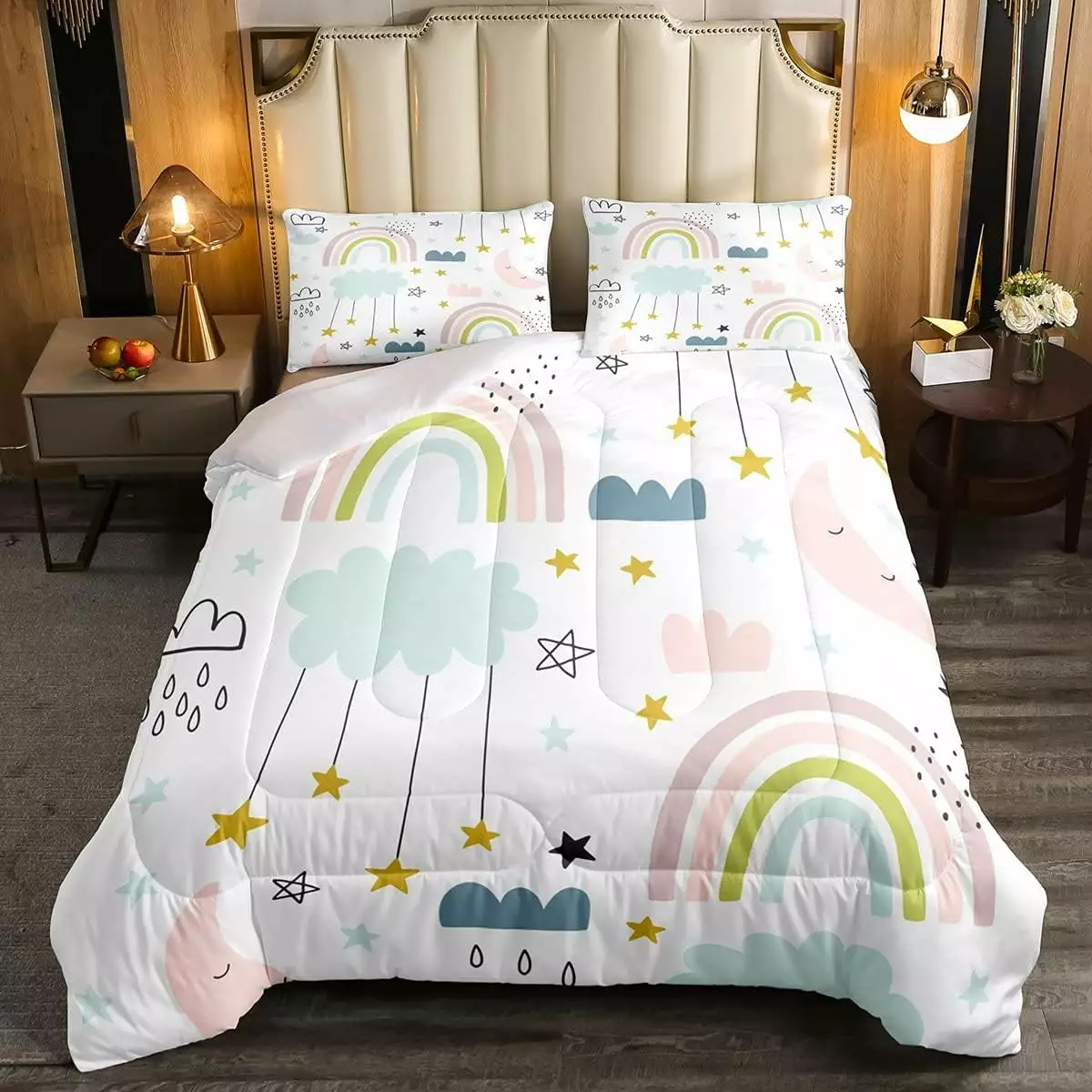 YST Kawaii Rainbow Bedding Set Cute Rainbow Comforter Sets for Kids Girls Boys Full Size.Cartoon Doodles Stars Moon Pattern Bedding Quilt Hand Drawn Iridescent Print Comforters 2 Pillow Cases