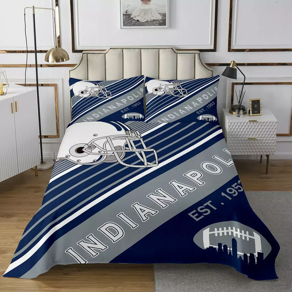 YST Kids Football Game Bed Set Twin for Boys Bedroom. American Football City Themed Bedspread Set Sports Blue And White Decor Quilt Set. 1 Coverlet Set 1 Pillowcase (Indianapolis)