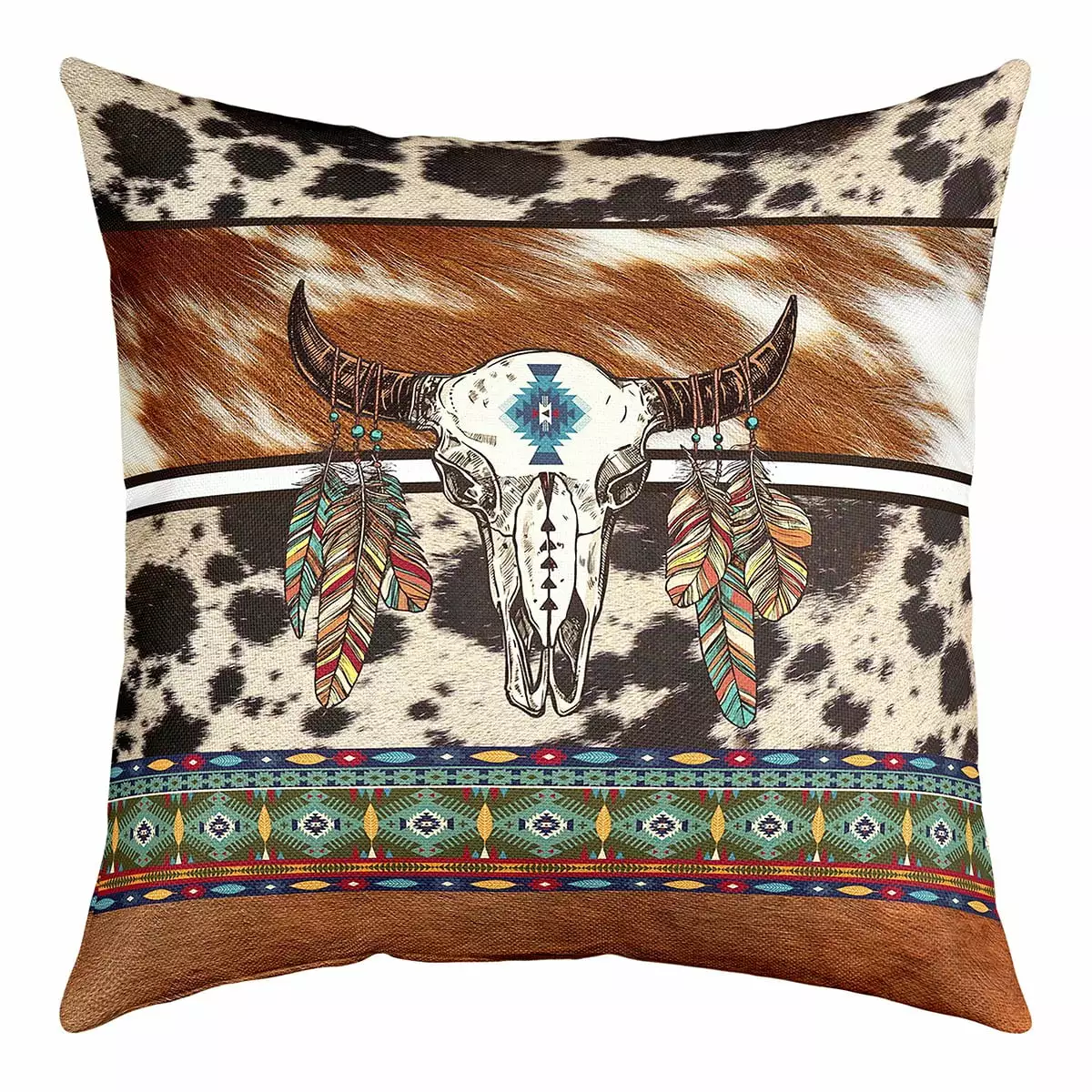 YST Longhorn Skull Southwestern Cushion Cover 18x18 inch.Tribal Geometry Aztec Throw Pillow Cover Bull Cattle Cow Print Cowhide Square Pillow Case.Exotic Western Accent Pillow Case Soft