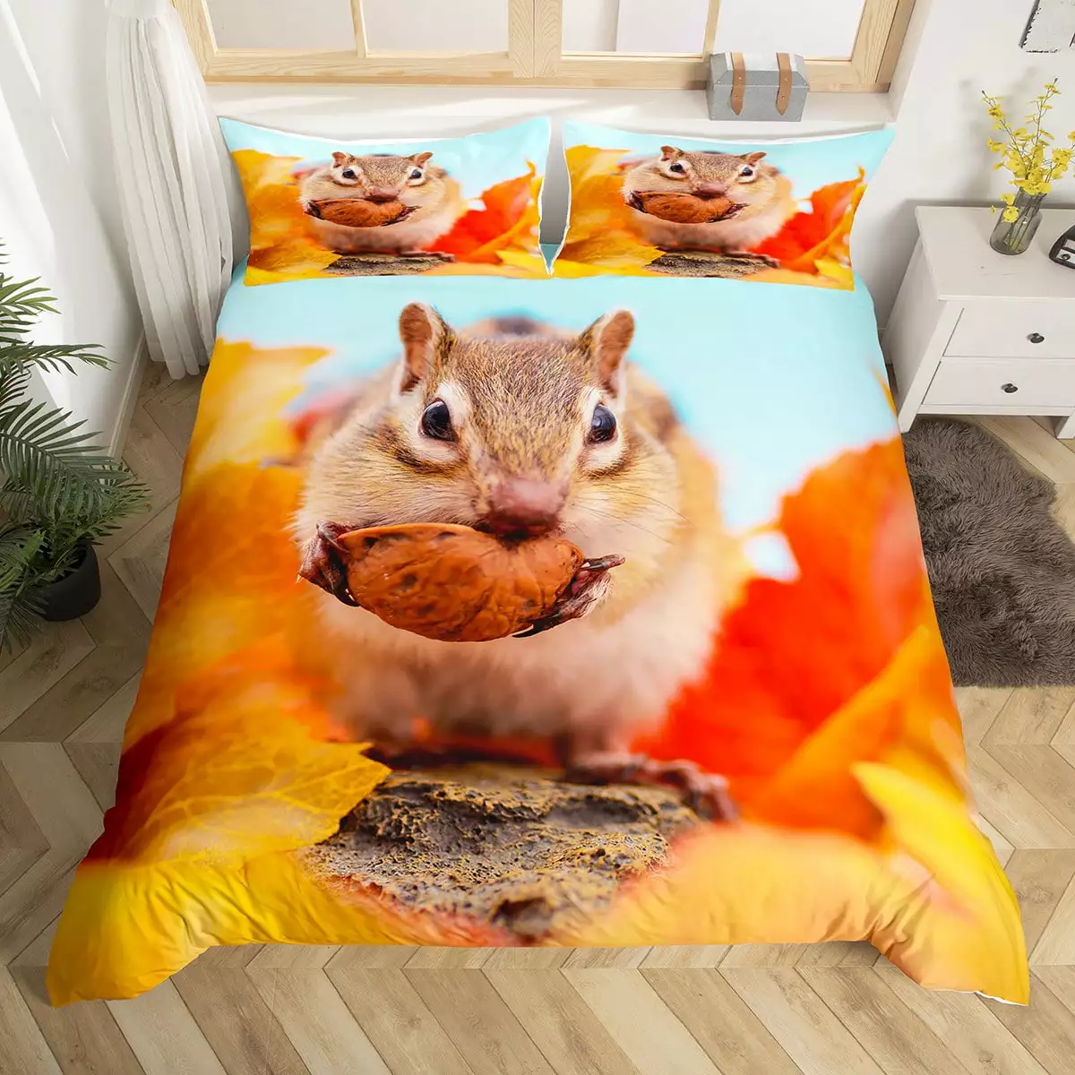 YST Lovely Squirrel Comforter Cover Wildlife Animal Bed Set. Autumn Fall Duvet Cover Twin Size Rodents Breed Bedding Sets. Red Yellow Leaf Bedspread Cover Lightweight Home Decorative