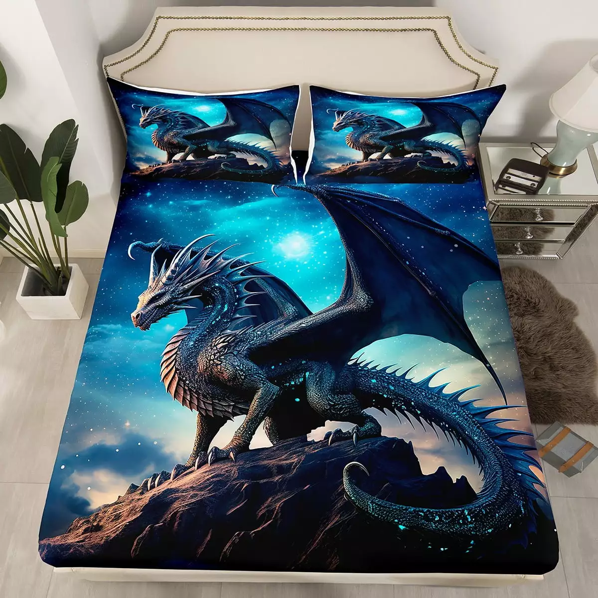 YST Magic Dragon Twin Fitted Sheet Magical Dinosaur Sheets Toddler Bed. 3D Pterosaur Bed Sheets Blue Galaxy Bed Cover. Starry Sky Bed Set for All Seasons 2pcs (Deep Pocket)