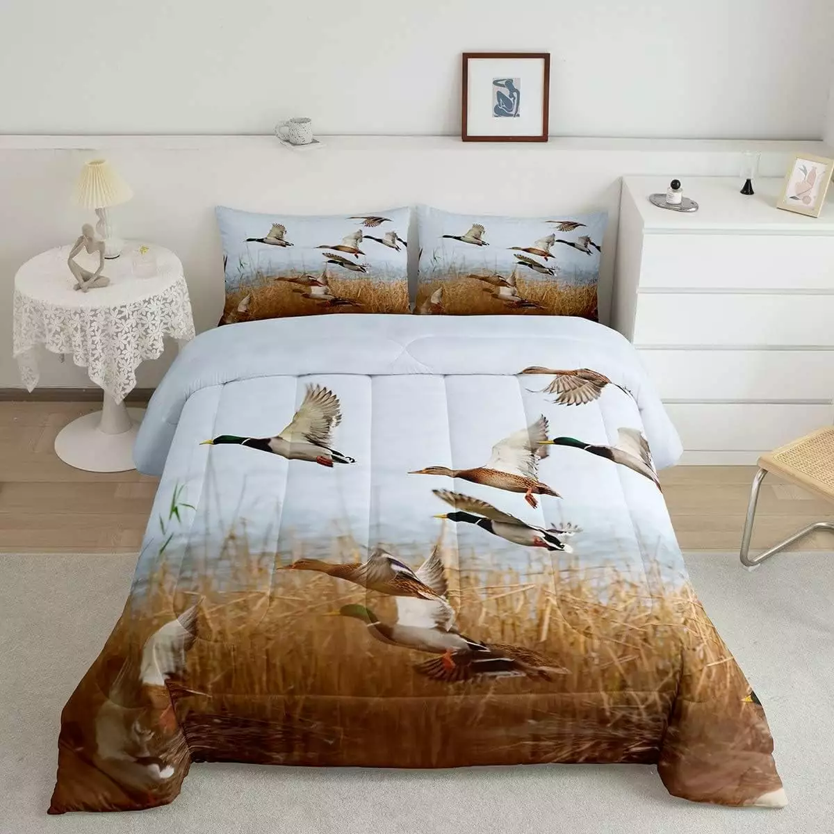 YST Mallard Duck Duvet Insert Duck Hunting Themed Comforter Set for Kids Teens Adults Mallard Duck Bird Printed Bedding Set Rustic Natural Lake Scenery Quilt with 1 Pillowcase.Twin Size