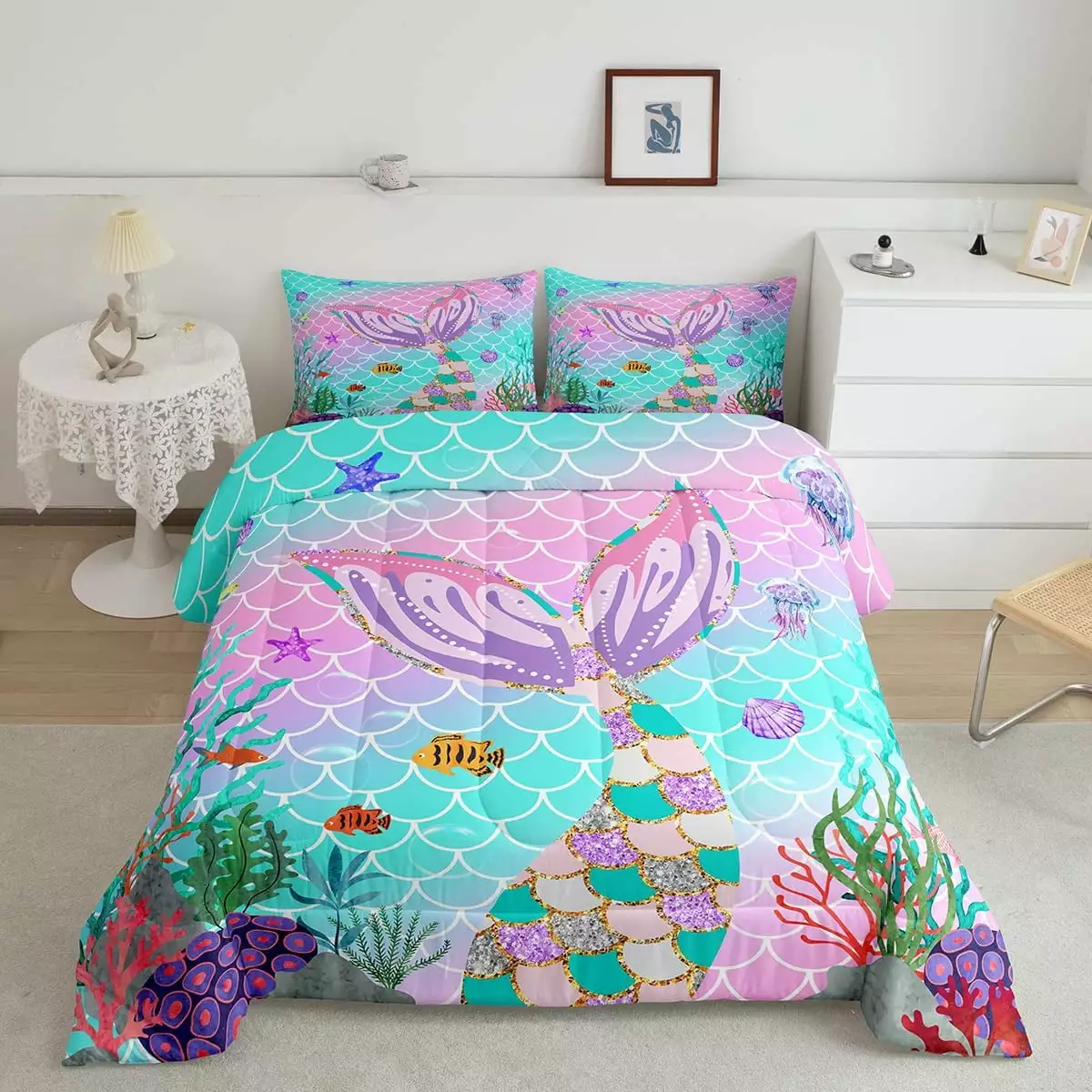 YST Mermaid Tail Comforter Set.Kids Fish Scales Down Comforter Twin.Girly Rainbow Bedding Set Ocean Life Sea Animal Quilted Duvet Teal Sequins Pastel Pink Paillette Bedroom Decor.Multicolor