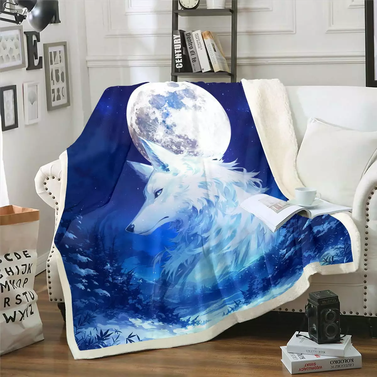 YST Moon Wolf Throw Blanket Animal Wolves Printed Fleece Blanket Throw. Wild forest Wolf Theme Fuzzy Blanket for Boys Girls Galaxy Series Blue Print Warm Fluffy Blanket Bedroom Decor