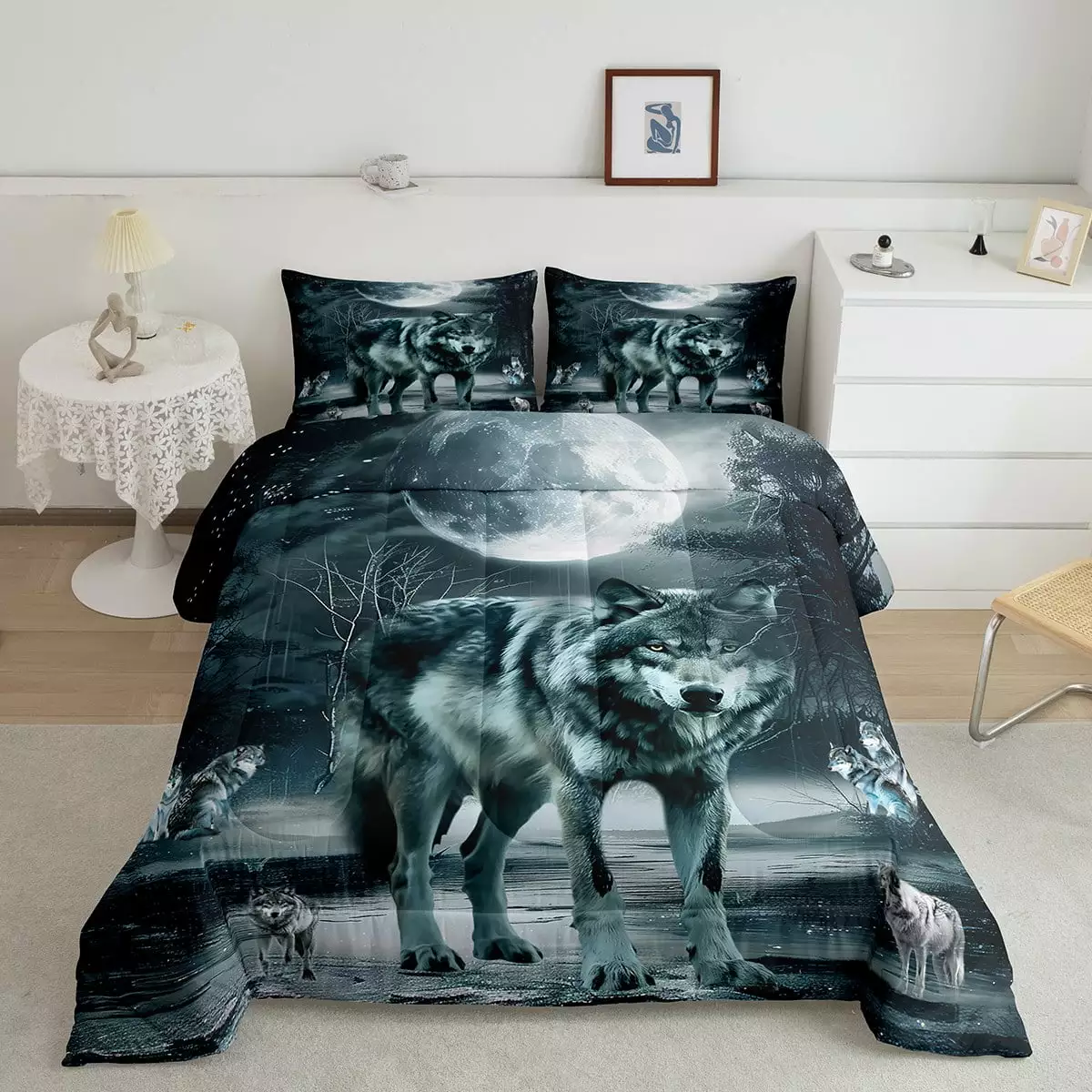 YST Moon Wolf Twin Comforter Set For Kids Boys Woodland Animal Bedding Set Jungle Down Comforter Hippie Moon Night Duvet Set Bedroom Decoration.Breathable 2 Piece (Black Grey)