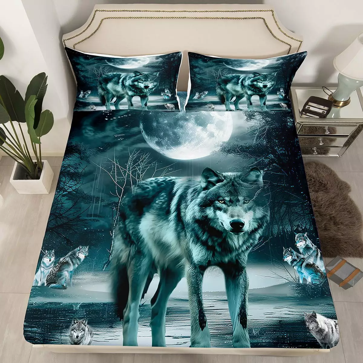 YST Moon Wolf Twin Fitted Sheet For Kids Boys Woodland Animal Bed Sheets Jungle Bedding Hippie Moon Night Bed Cover Bedroom Decoration.Breathable 2 Piece (Black Grey)