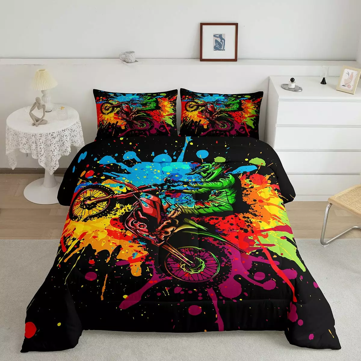 YST Motocross Bedding Sets for Boys Twin Size Motorcycle Racer Comforter Set Extreme Sport Tie Dye Down Comforter Dirt Bike Motor Vehicles Biker Duvet Insert 2Pcs for Kids Car Game Room Decor