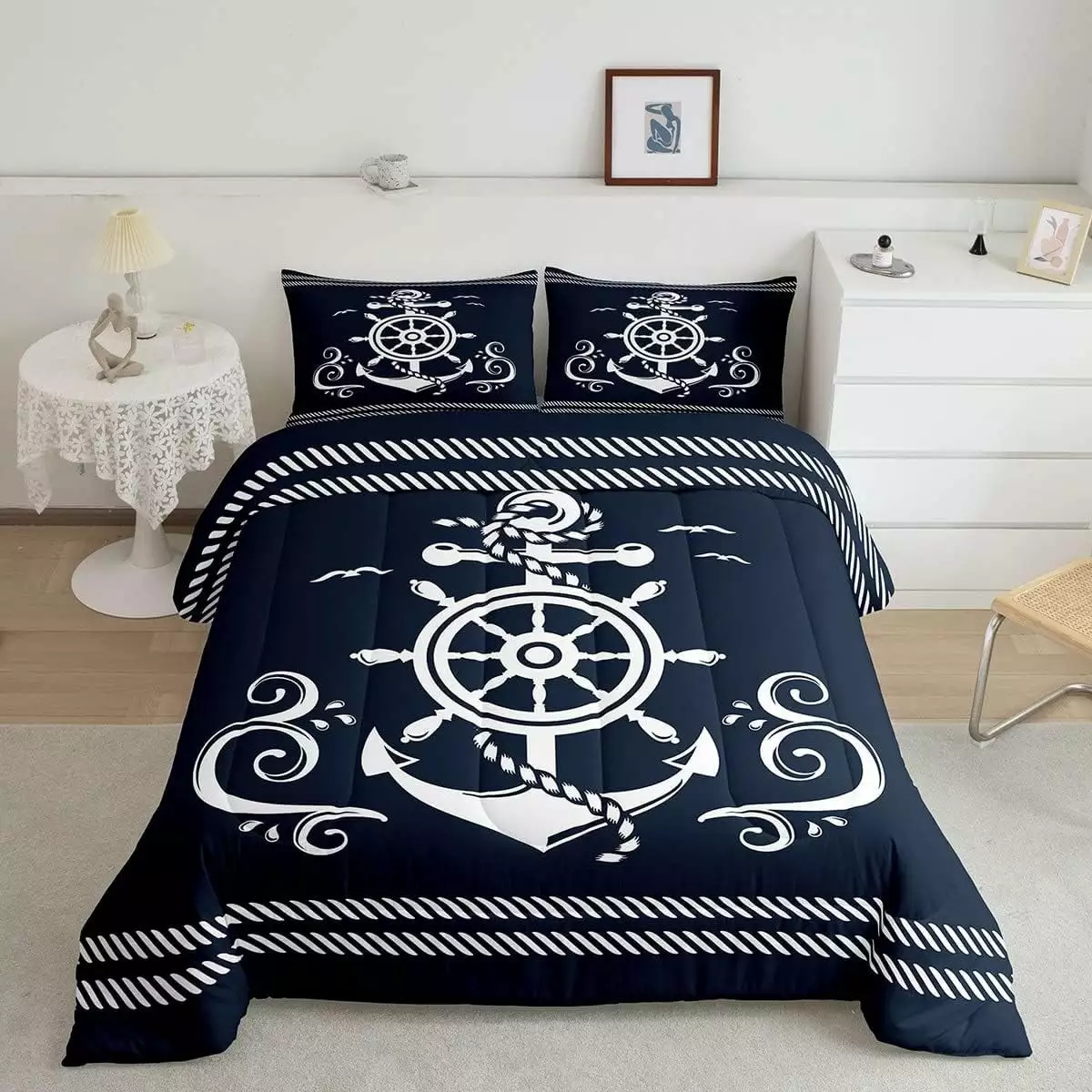 YST Nautical Anchor Bedding Set for Boys. Compass Adventure Comforter Set Coastal Compass Duvet Sets Ocean Sailboat Bedding Comforters for Kids Teens Adult Bedroom. Navy Blue(Twin Size)