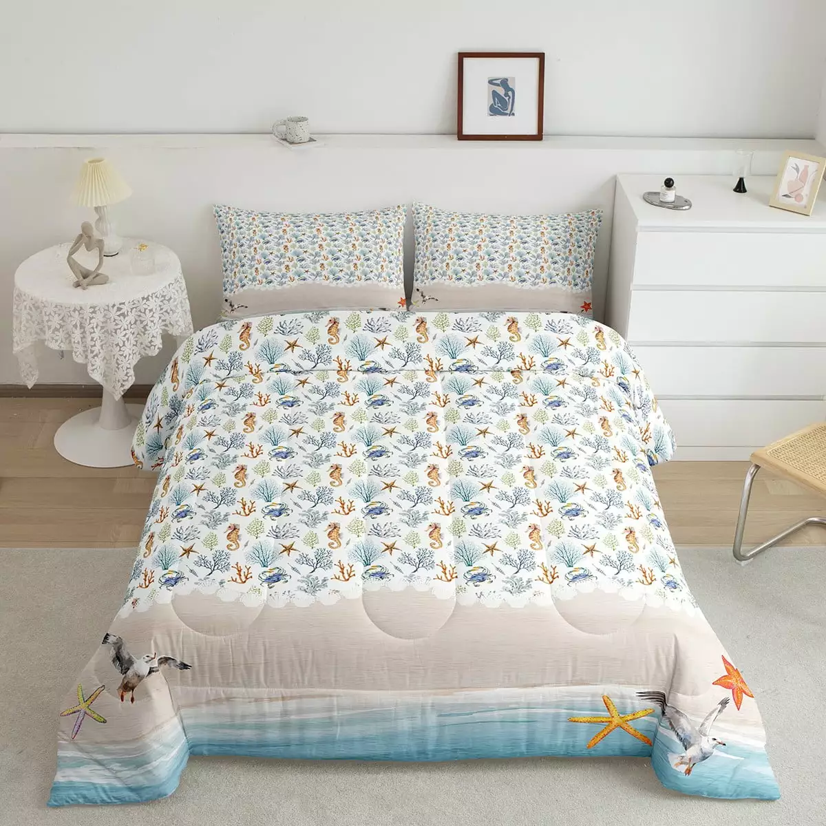 YST Ocean Comforter Set Twin.Coastal Seahorse Starfish Bedding Set for Teens Youth.Summer Beach Seagull Bedding Comforter Sets.Tropical Coral Duvet Insert with 1 Pillowcase Soft