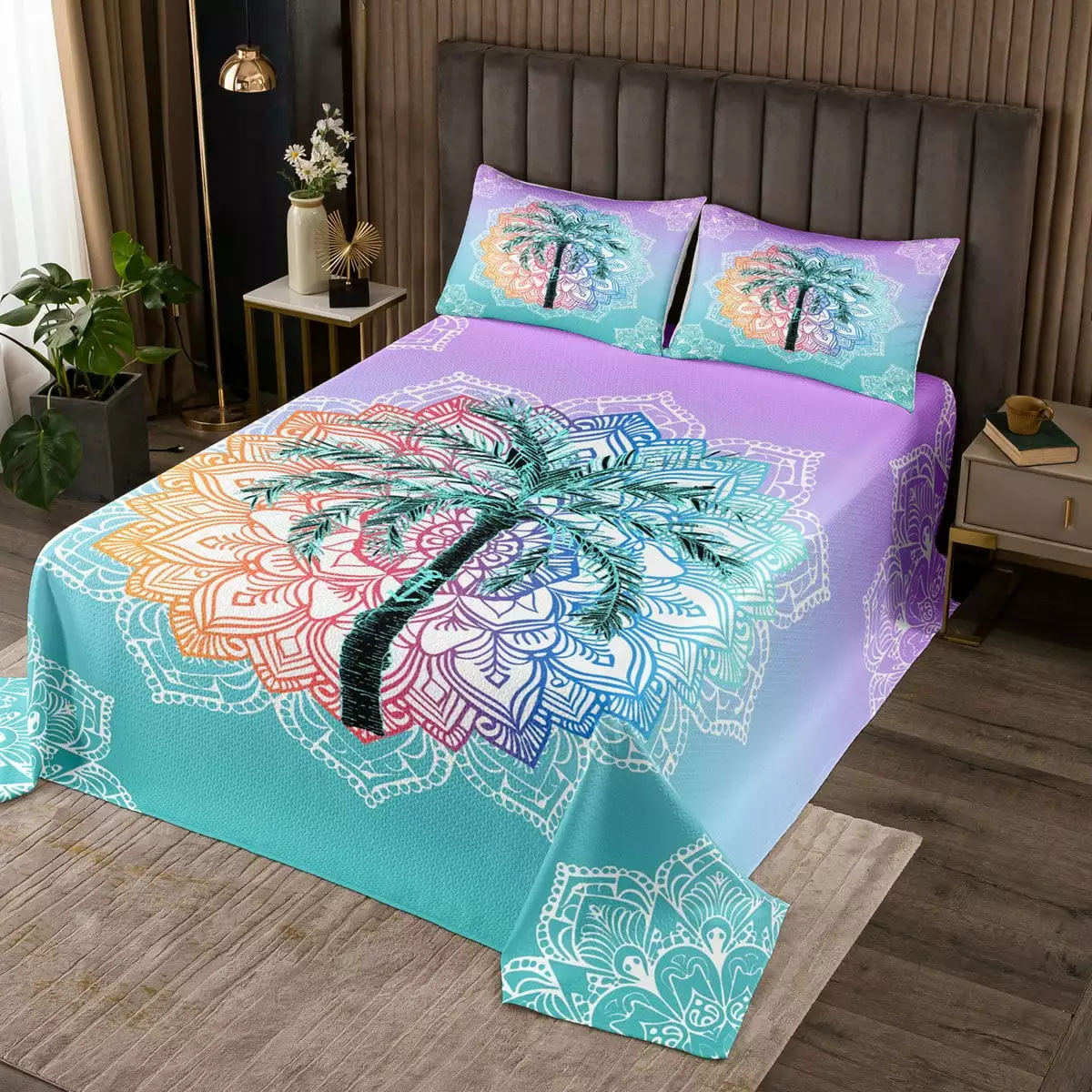 YST Palm Tree Quilt Set Twin. Boho Flower Bedspread Set for Children. Colorful Mandala Ocean Anchor Coverlet Set. Summer Botanical Exotic Ombre Geometric Bed Set. Blue Purple