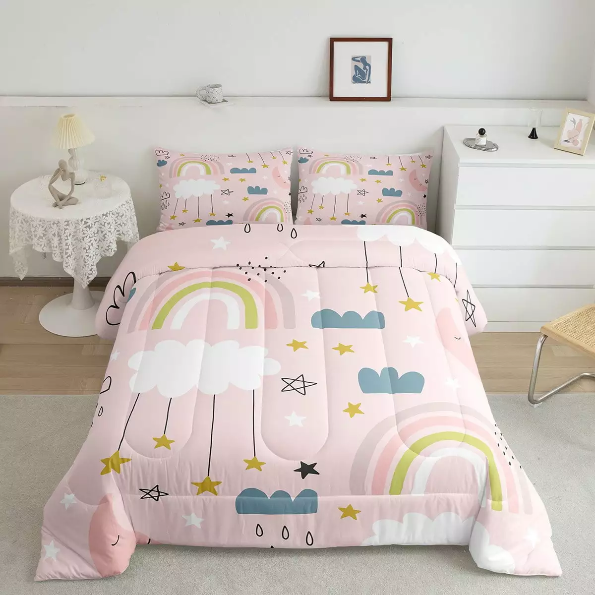 YST Pink Rainbow Twin Bedding Set Star Moon Comforter Set For Girls Kids Teen Kawaii Cloud Duvet Insert Cartoon Rainbows Quilt Set Girly Princess Room Decor 1 Pillow Case