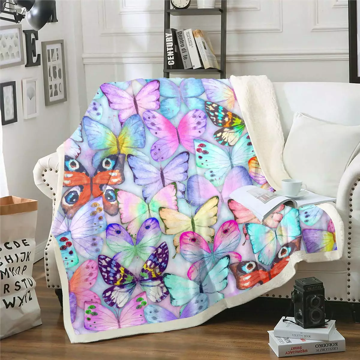 YST Purple Butterfly Blanket for Girls Women Wild Animal Throw Blanket for Bed. Rainbow Tie Dye Fleece Blanket Watercolor Wildlife Sherpa Blanket. Colorful Butterflies Fuzzy Blanket