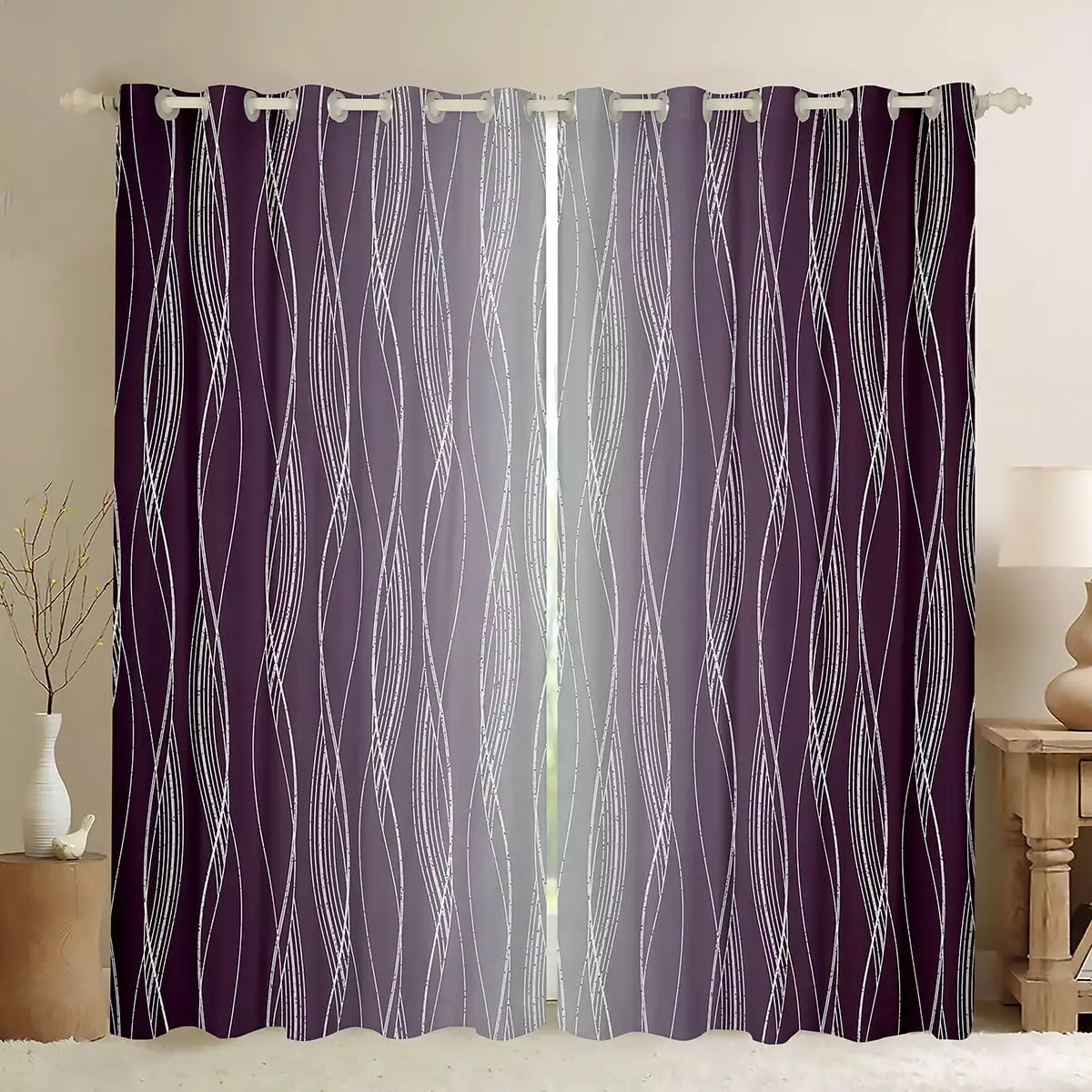 YST Purple Grey Curtains & Drapes 42Wx63L Geometric Ombre Window Curtains Aesthetics Silver Wavy Striped Blackout Curtains Abstract Gradient Window Treatments 2 Panels Room Decor