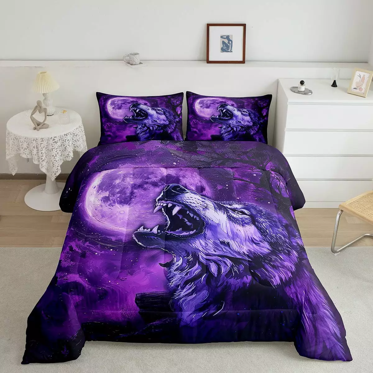 YST Purple Wolf Comforter Set Queen Size.Moon Galaxy Wolf Bedding Set for Girls Boys Kids Adults.Hunting Safari Bedding Comforter Sets Exotic Boho Style Quilt Bed Set 3Pcs