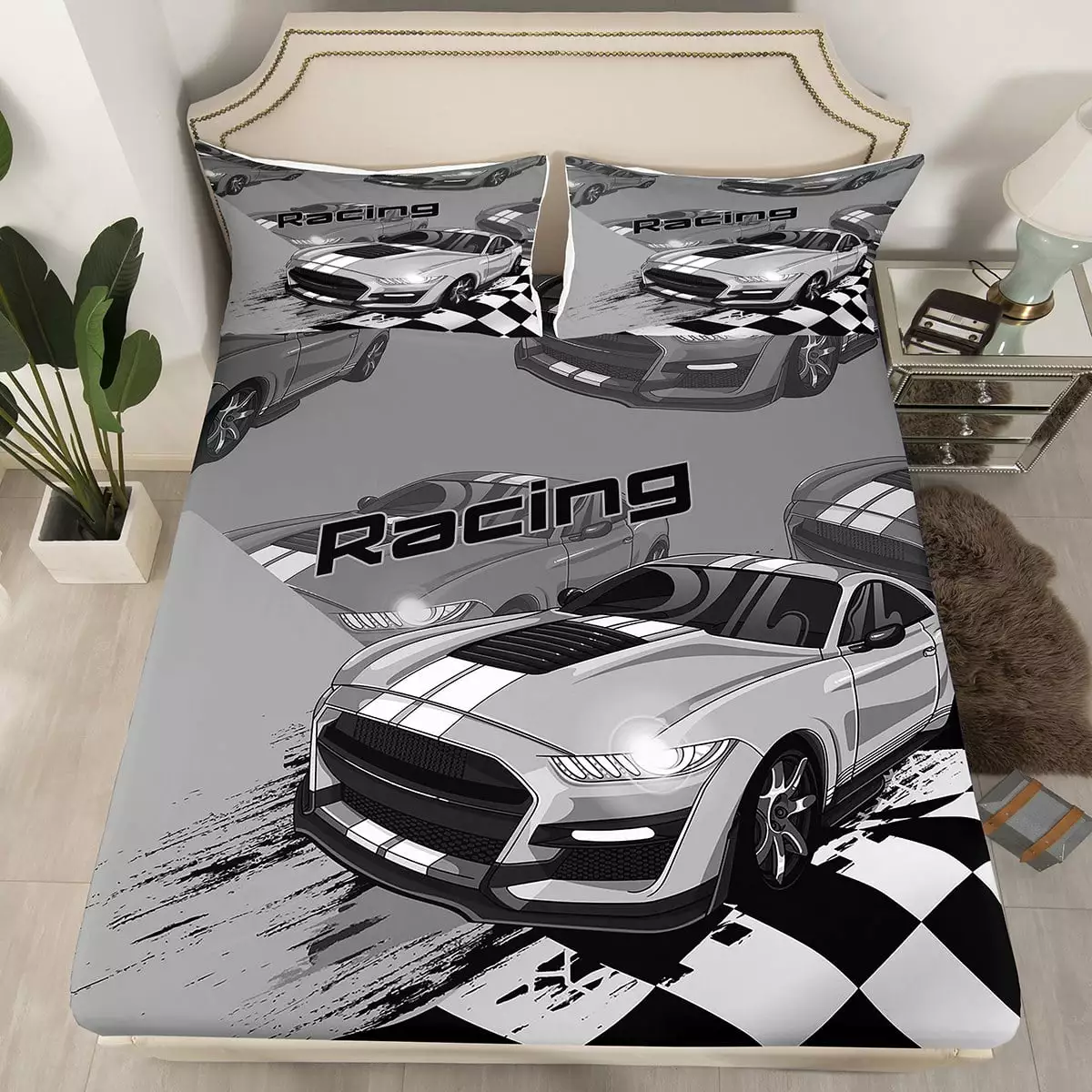 YST Racing Fitted Sheet Twin Size.Extreme Sports Race Car Bedding Set for Boys Kids.Race Sports Car Competition Cool Speed Bed Sheets.1 Fitted Sheet 1 Pillowcase - 2 Pieces(Grey)