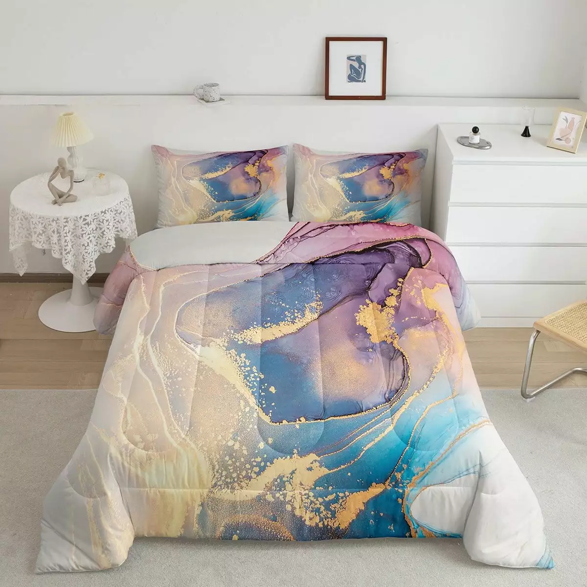 YST Rainbow Marble Comforter Twin Colorful Tie Dye Bedding Set. Gold Metallic Down Comforter Pink Purple Blue Bed Set. Abstract Marbling Aesthetic Quilted Duvet Lightweight