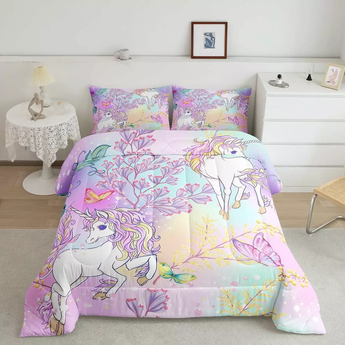 YST Rainbow Unicorn Bedding Twin Ombre Purple Unicorn Comforter Set Unicorn Bedroom Decor for Girls Kids Cartoon Kawaii Duvet Set Romantic Elegant Butterfly Botanical Leaves Quilt 2Pcs