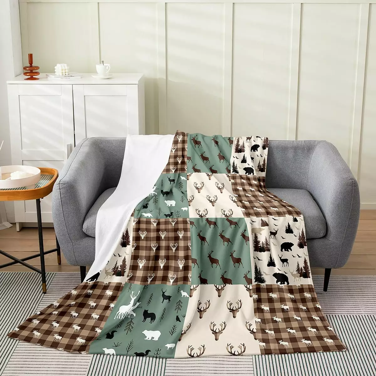 YST Rustic Deer Antler Flannel Blanket Throw 50x60 inch.Black Bear Fleece Blanket.Woodland Wildlife Moose Throw Blanket.Checkered Buffalo Plaid Patchwork Bed Blanket Lightweight.Brown Green