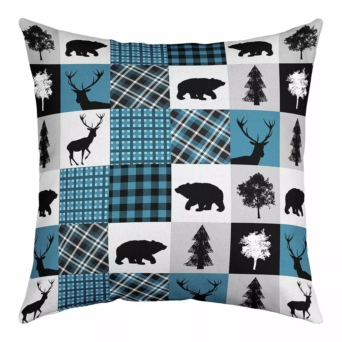 YST Rustic Patchwork Cushion Cover 18x18 inch.Country Cabin Throw Pillow Cover.Checkered Buffalo Plaid Bear Deer Accent Pillow Case.Woodland Wildlife Farmhouse Cushion Case for Sofa Chair.Blue